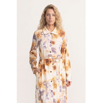 Camasa de casa din amestec de lana cu cordon in talie - Portocaliu deschis/Lila