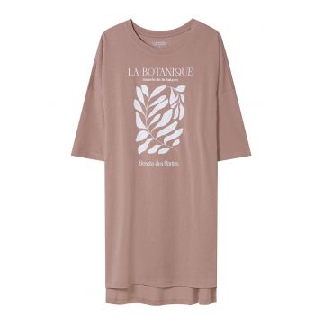 Camasa de noapte dama cu imprimeu cu crengute cu frunze si text - - Roz murdar