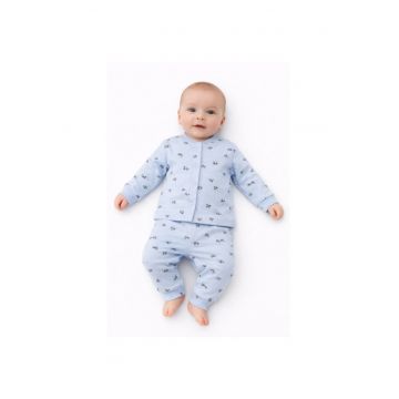 Pijama bebelus 2 piese bumbac bluza pantaloni cu labute albastru