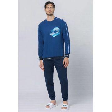 Pijama cu imprimeu logo si detalii contrastante - Albastru inchis