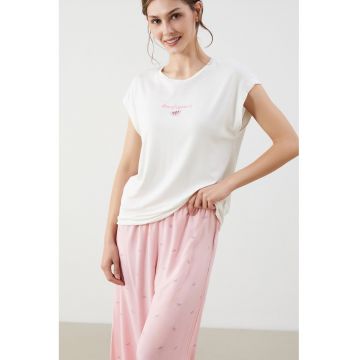 Pijama cu model grafic - Alb/Roz