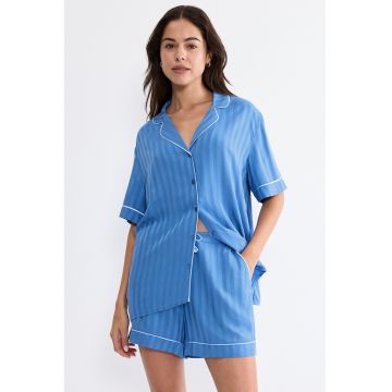 Pijama cu pantaloni scurti si nasturi - Albastru inchis - Alb optic -