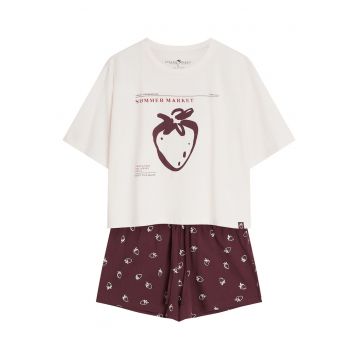 Pijama dama - Stil Capsune - Alb crem - maro - Evika - Grafic