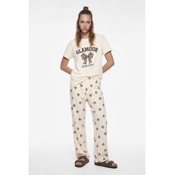 Pijama de bumbac cu imprimeu cu funde - Alb murdar/Maro pamantiu