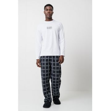 Pijama de bumbac cu pantaloni lungi - Negru/Alb optic