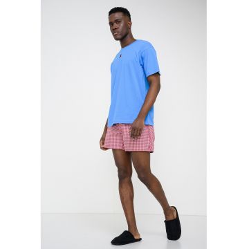 Pijama de bumbac cu pantaloni scurti si banda cu logo in talie - Alb/Rosu inchis/Albastru royal