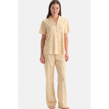 Pijama din amestec de modal cu pantaloni lungi si model paisley - Galben deschis