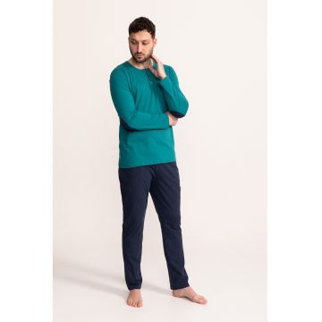 Pijama din bumbac cu decolteu henley - Albastru petrol/Bleumarin