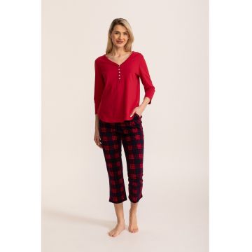 Pijama din bumbac cu maneci 3/4 Tartan - Rosu