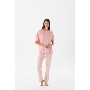 Pijama din bumbac cu maneci scurte - Roz deschis/Roz somon