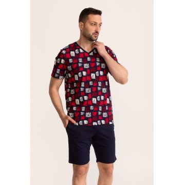 Pijama din bumbac cu pantaloni scurti Chester - Rosu/Bleumarin