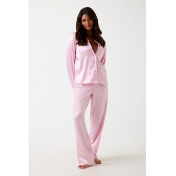 Pijama din satin cu revere decupate - Roz deschis
