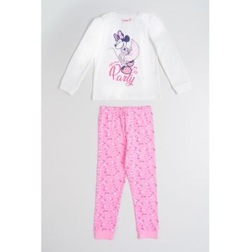 Pijama lunga din bumbac cu Minnie Mouse si imprimeu floral - Alb/Negru/Roz