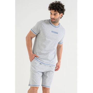 Pijama scurta cu imprimeu logo si benzi contrastante - Albastru royal/Gri deschis melange