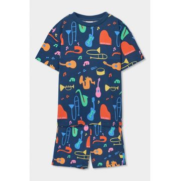 Pijama scurta cu model grafic - Portocaliu mandarina/Albastru/Bleumarin