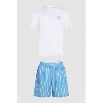 Pijama scurta din amestec de bumbac organic - Alb optic/Albastru