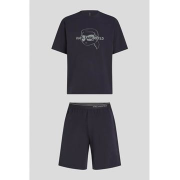 Pijama scurta din amestec de bumbac organic cu logo - Bleumarin