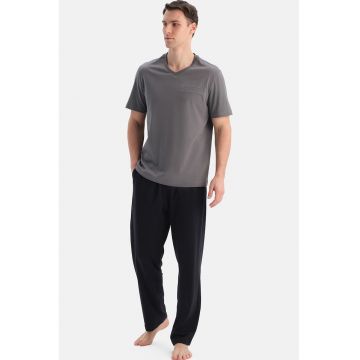 Pijama uni de bumbac cu decolteu in V - Gri/Gri antracit