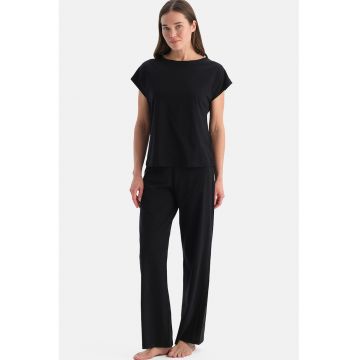 Pijama uni de bumbac cu pantaloni lungi - Negru