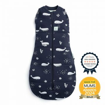 Sistem de infasat si sac de dormit, ErgoPouch, 2 in 1, 0-3 luni, 3-6 kg, TOG 2.5, Bumbac organic, Fermoar bidirectional, Transformabil, Lavabil la masina, Certificat non-toxic, Premiat in Australia, Model balene, Albastru