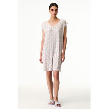 Camasa de noapte cu decolteu in V - model in carouri si imprimeu lalele - Albastru pastel/Lila/Alb murdar