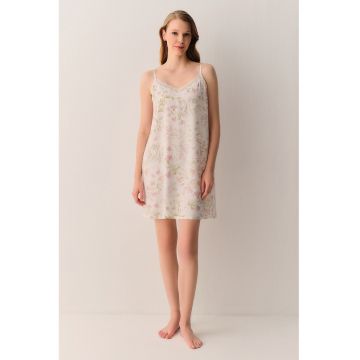 Camasa de noapte cu decolteu in V si model floral - Roz deschis/Bej deschis