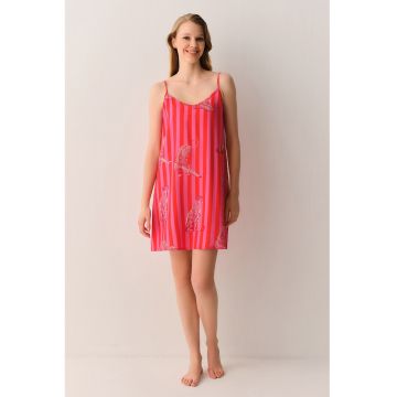 Camasa de noapte cu decolteu rotund si imprimeu - Rosu vermillion/Roz