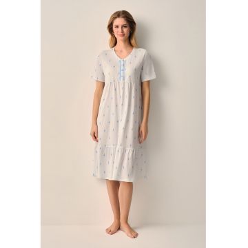 Camasa de noapte cu imprimeu floral si dungi - Alb murdar/Albastru