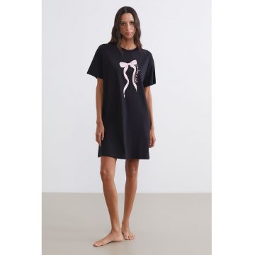 Camasa de noapte din bumbac cu imprimeu funda - Negru/Roz pastel