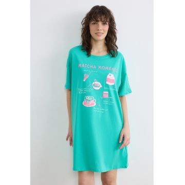 Camasa de noapte din bumbac cu imprimeu - Roz/Verde persan