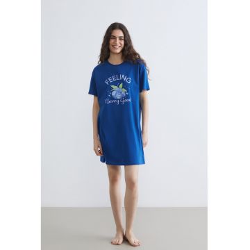 Camasa de noapte lejera din bumbac - Alb/Albastru royal/Verde fistic