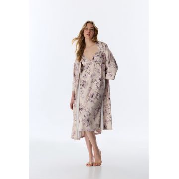 Halat de baie cu model floral si maneci 3/4 - Lila/Bej deschis