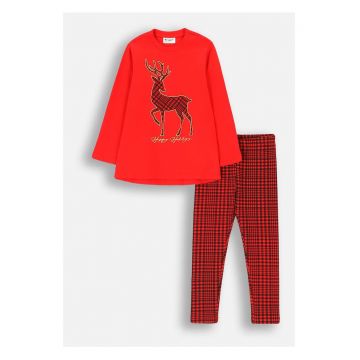 Pijama copii -  carouri rosii - bumbac - maneci lungi - pentru fete
