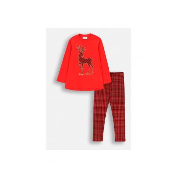 Pijama copii -  carouri rosii - bumbac - maneci lungi - pentru fete