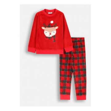Pijama copii -  motiv de ren - rosu - velur - set 2 piese
