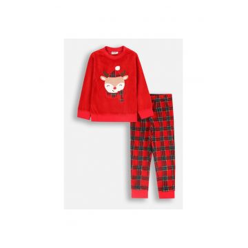 Pijama copii -  motiv de ren - rosu - velur - set 2 piese