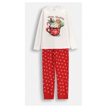 Pijama copii -  set 2 piese - crem cu imprimeu - rosu cu model - bumbac