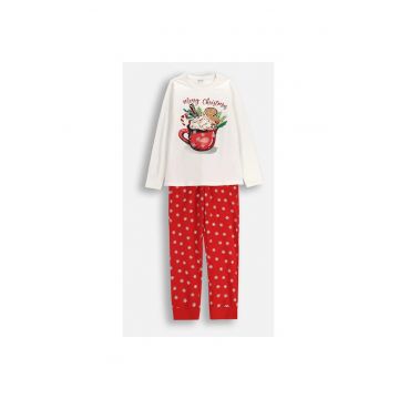 Pijama copii -  set 2 piese - crem cu imprimeu - rosu cu model - bumbac