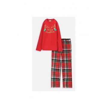 Pijama copii -  set 2 piese - maneca lunga - croiala larga - rosu - bumbac pieptanat -