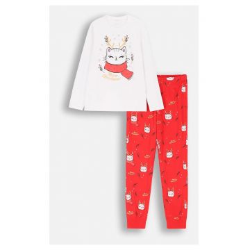 Pijama copii -  set 2 piese - rosie cu stelute si animalute - bumbac
