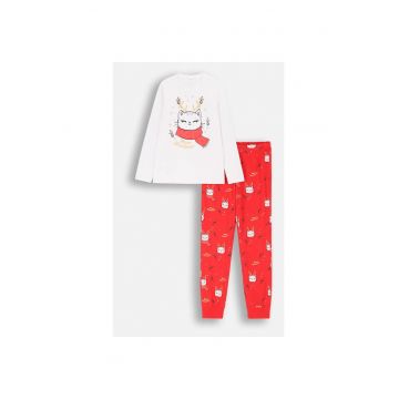 Pijama copii -  set 2 piese - rosie cu stelute si animalute - bumbac