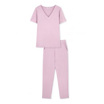 Pijama cu decolteu in V si model uni - Roz prafuit