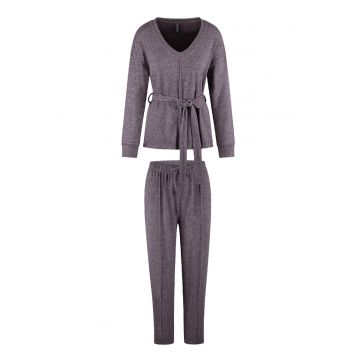 Pijama cu decolteu in V si model uni - Roz prafuit