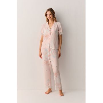 Pijama cu garnitura din dantela si model floral - Gri deschis/Roz