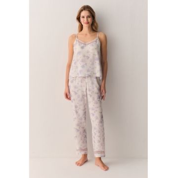 Pijama cu imprimeu floral si garnituri din dantela - Bej deschis/Violet pastel
