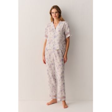 Pijama cu maneci scurte si imprimeu floral - Bej deschis/Violet pastel