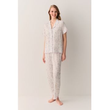 Pijama cu maneci scurte si imprimeu floral - Lila - Alb murdar -