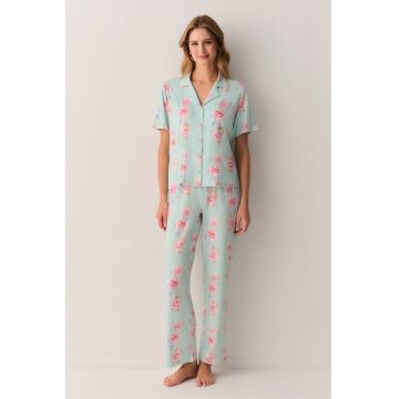 Pijama cu maneci scurte si inchidere cu nasturi - Verde pal - Roz -