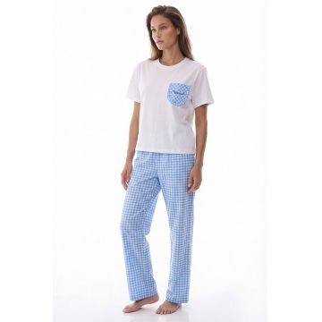 Pijama cu maneci scurte si model in carouri - Albastru pastel/Alb optic