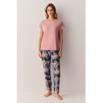 Pijama cu model Garden - Alb fildes/Roz prafuit/Bleumarin